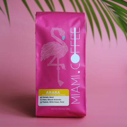 9 ounce bag of Arara, Masterpieces by Daterra, Natural Anaerobic Processed coffee from Cerrado, Brazil. Flavor descriptors: tropical, white grape, floral