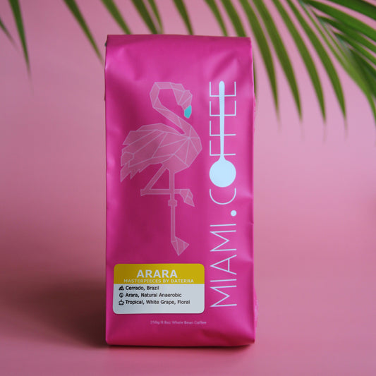 9 ounce bag of Arara, Masterpieces by Daterra, Natural Anaerobic Processed coffee from Cerrado, Brazil. Flavor descriptors: tropical, white grape, floral