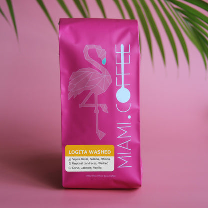 250g bag of Ethiopia Logita Washed roasted by Miami(dot)Coffee, from Segera Bensa Sidama, Ethiopia, Regional Landraces, Washed Processed. Flavor descriptors: Citrus, Jasmine, Vanilla