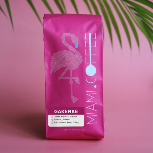 250g bag of Miami.Coffee Burundi, Gakenke Processing station near Gatara in the Kayanza Province, Bourbon cultivar, washed process, tasting notes: Black Currant, Rose, Oolong