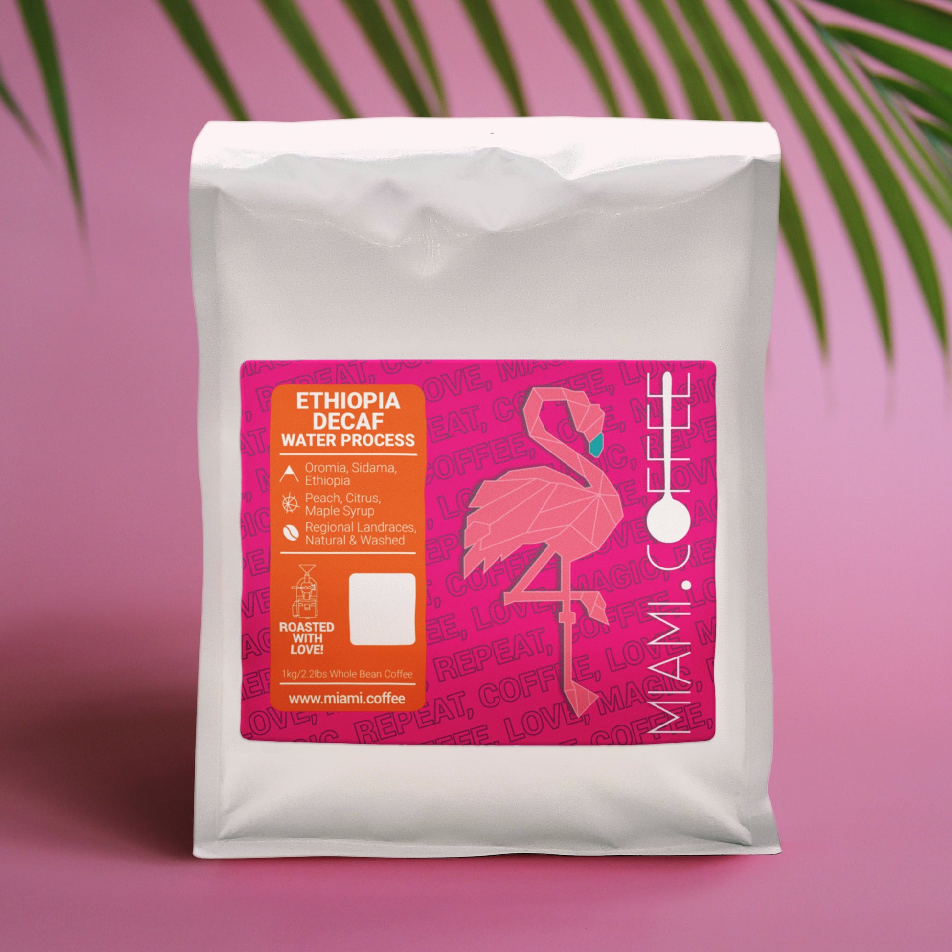 1 Kilogram bag of Ethiopia Water Process Decaf by Miami (dot) Coffee Flavor Descriptors Peach, Citrus, Maple Syrup. 