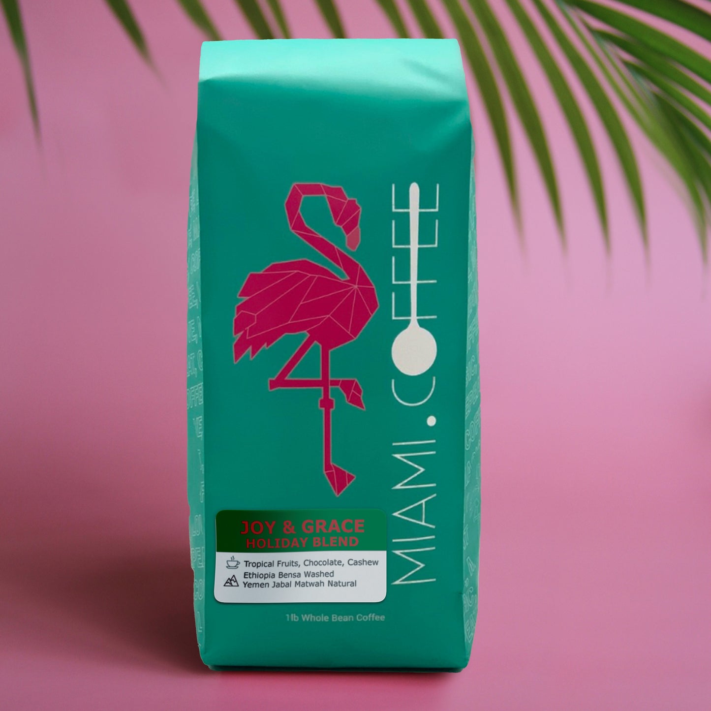 Joy & Grace Holiday Blend 16oz bag by Miami (dot) Coffee. Flavor descriptors: Tropical Fruits, Chocolate, Cashew