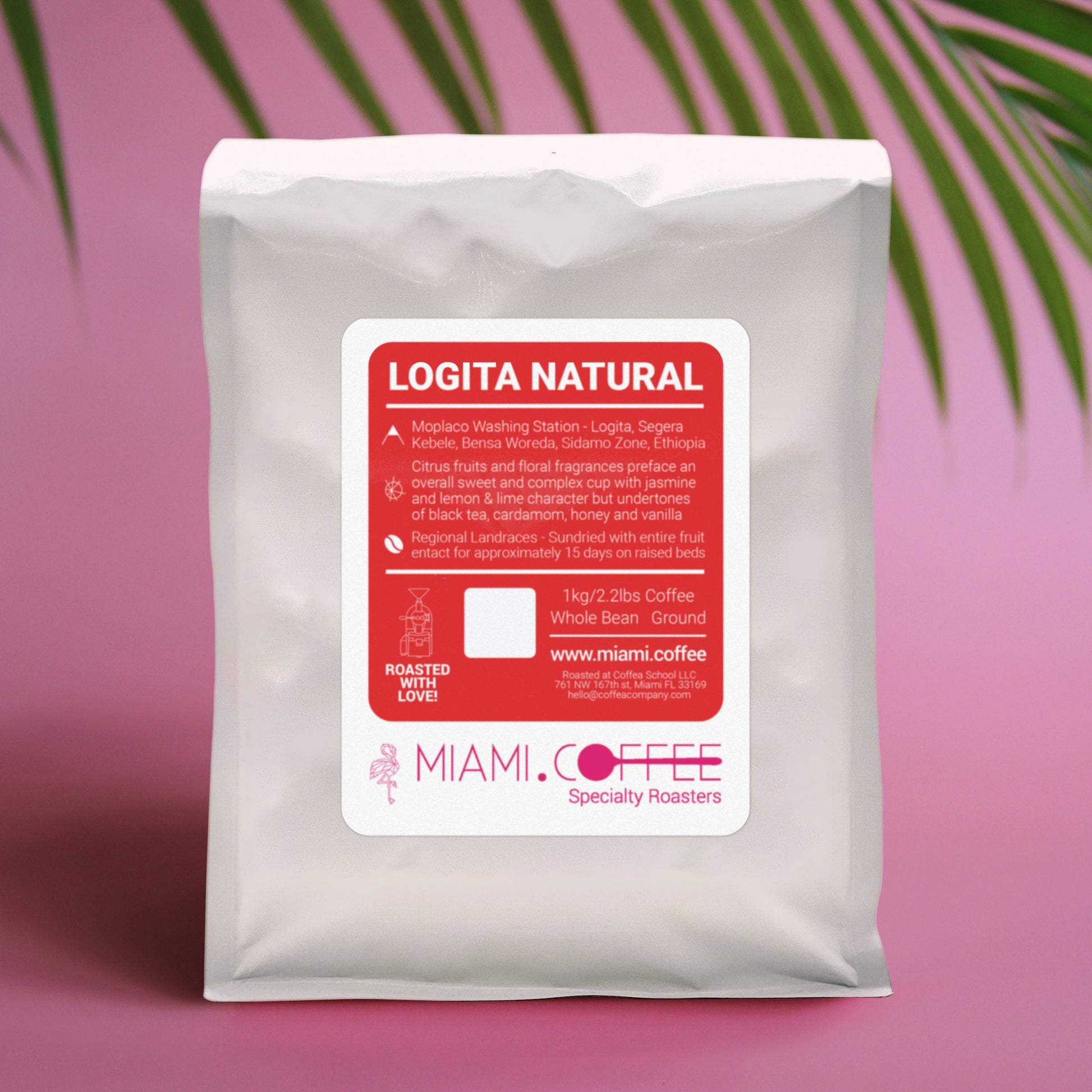 1kg bag of Ethiopia Logita Natural roasted by Miami(dot)Coffee, from Segera Bensa Sidama, Ethiopia, Regional Landraces, Natural Processed. Flavor descriptors: Cherry, Peach, Caramel