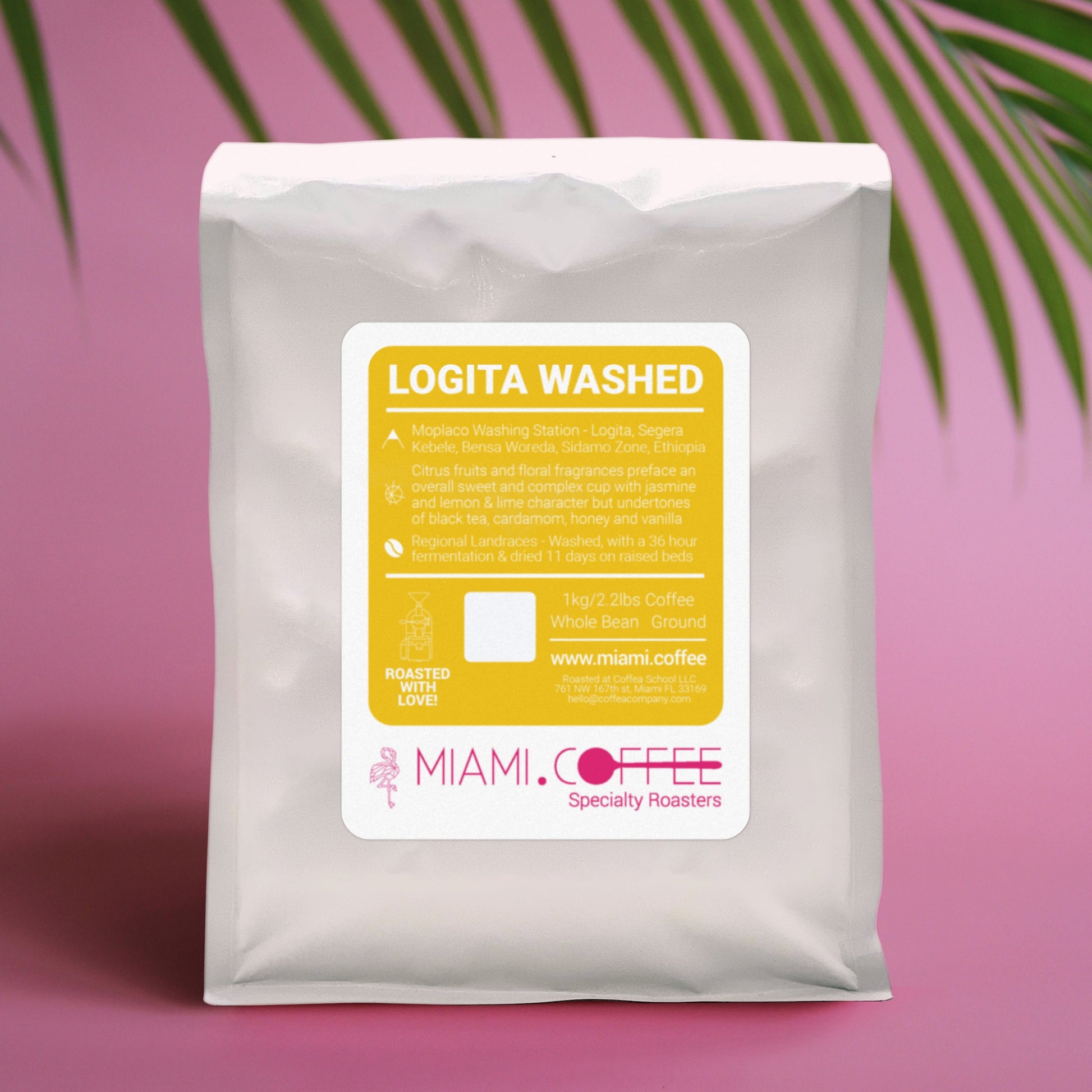 1kg bag of Ethiopia Logita Washed roasted by Miami(dot)Coffee, from Segera Bensa Sidama, Ethiopia, Regional Landraces, Washed Processed. Flavor descriptors: Citrus, Jasmine, Vanilla