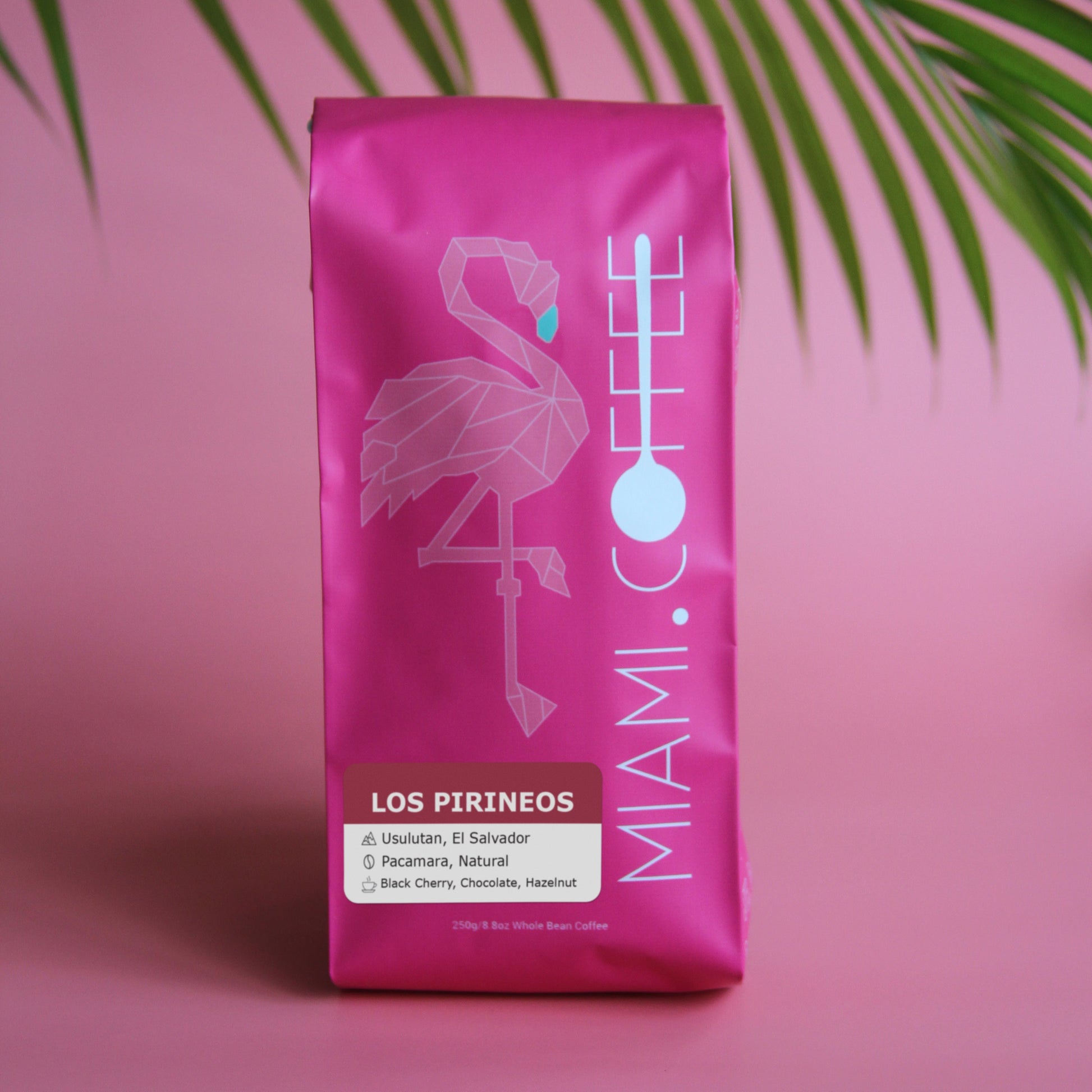 250 gram bag of Miami.Coffee El Salvador Finca Los Pirineos, Producer Diego Baraona, Pacamara, natural process, tasting notes: Black Cherry, Dark Chocolate, Roasted Hazelnut