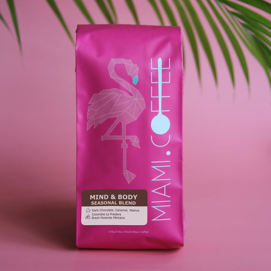 Mind & Body Blend by Miami dot Coffee 9oz bag. Flavor descriptors: Dark Chocolate, Caramel, Walnut